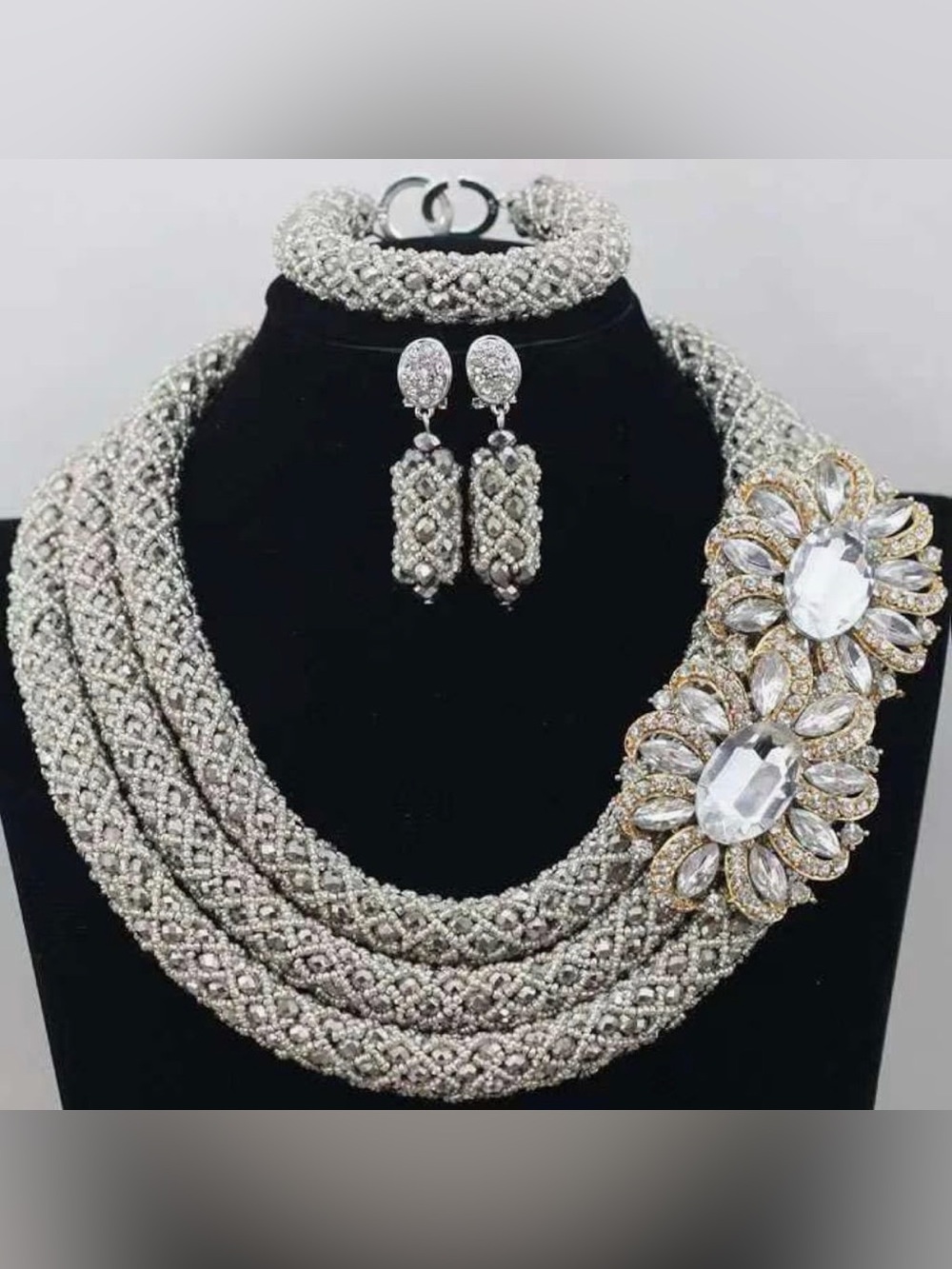 Hibeads Nigerian African Crystal Beaded Statement Jewelry Set Silver